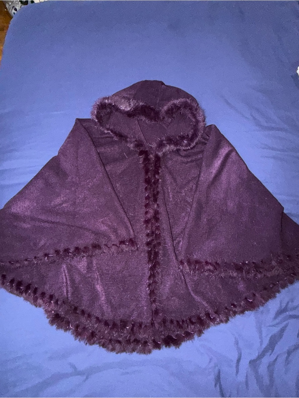 Plum Hooded Faux Fur Trim Cape